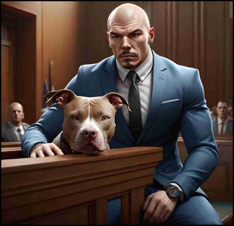 Pit bull and pit bull owner in court.