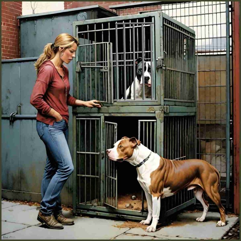 Shelter employee and pit bull.