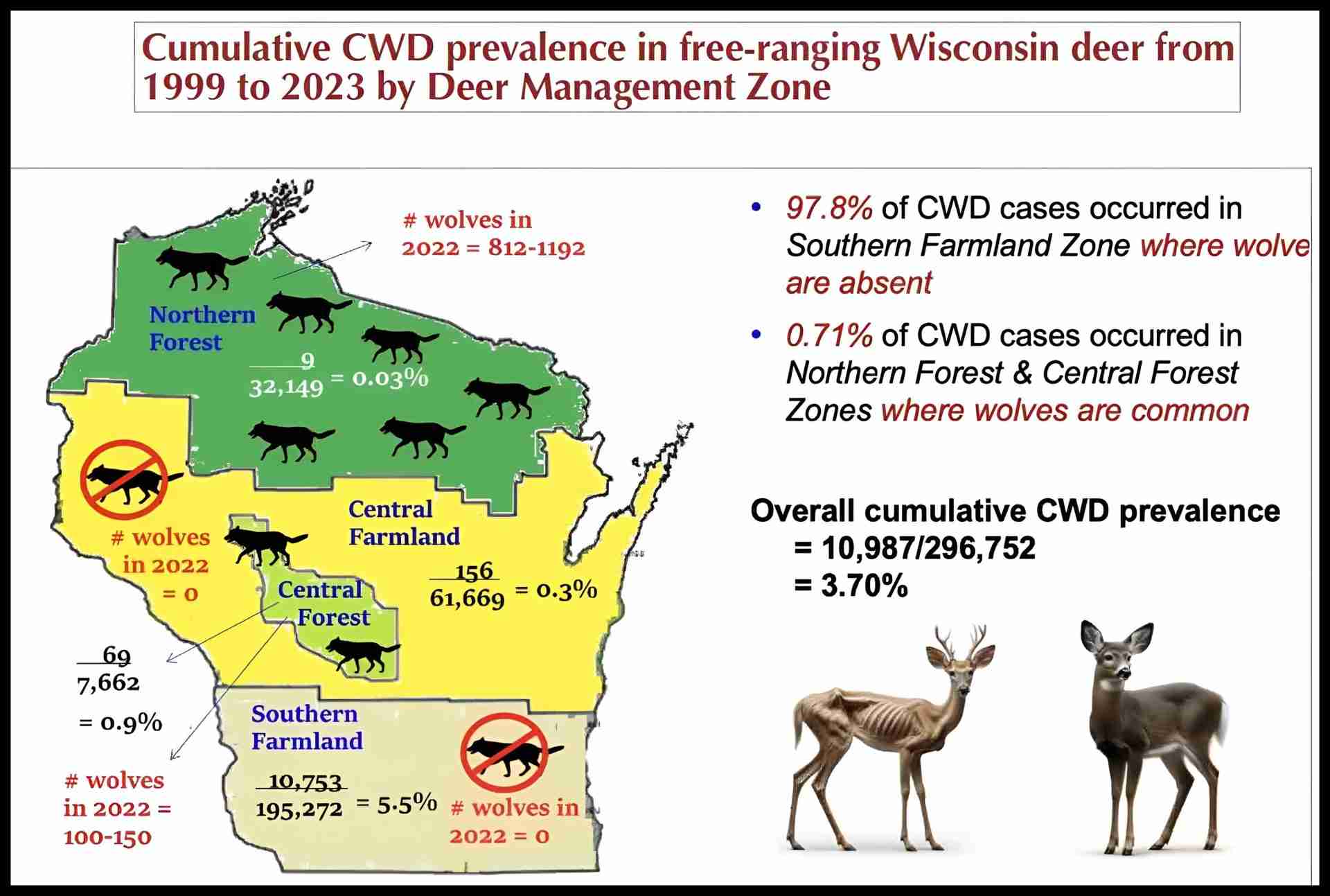 Cumulative CWD prevalence in free-ranging Wisconsin deer from 1999 to 2023 by Deer Management Zone.
