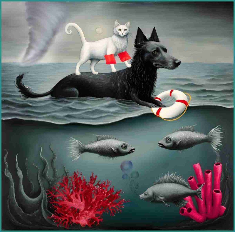 Dog and cat at sea with lifesaver and swimmies.