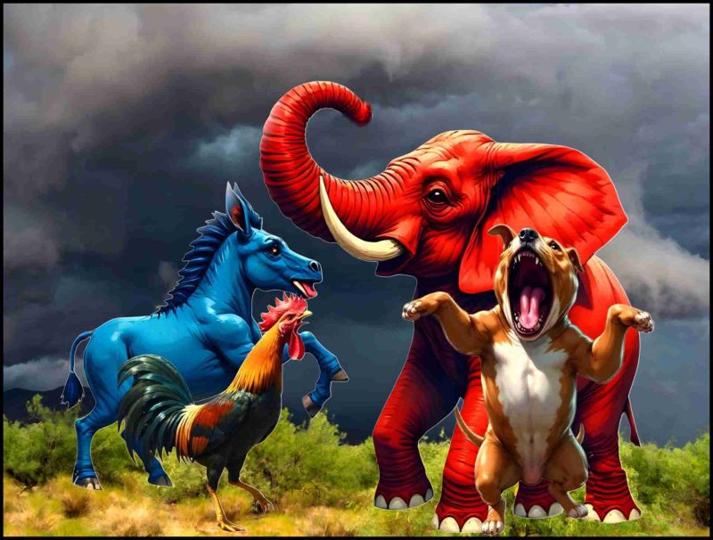 Donkey and elephant with pit bull and rooster / gamecock.