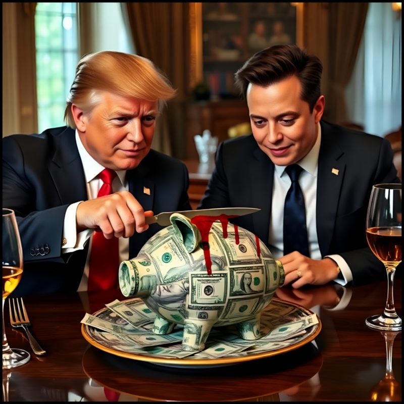 Trump and Musk cutting piggy bank.