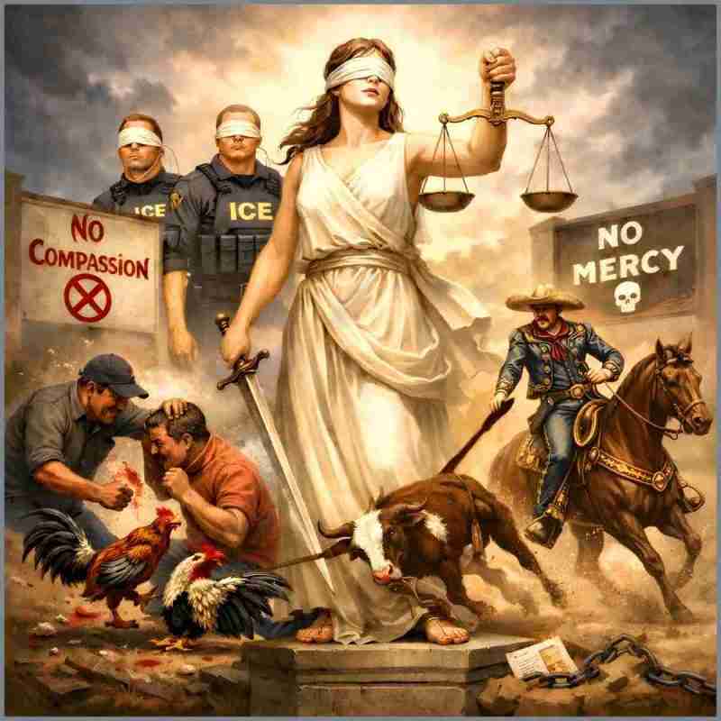 Lady Justice with cockfighter and charro charreada.