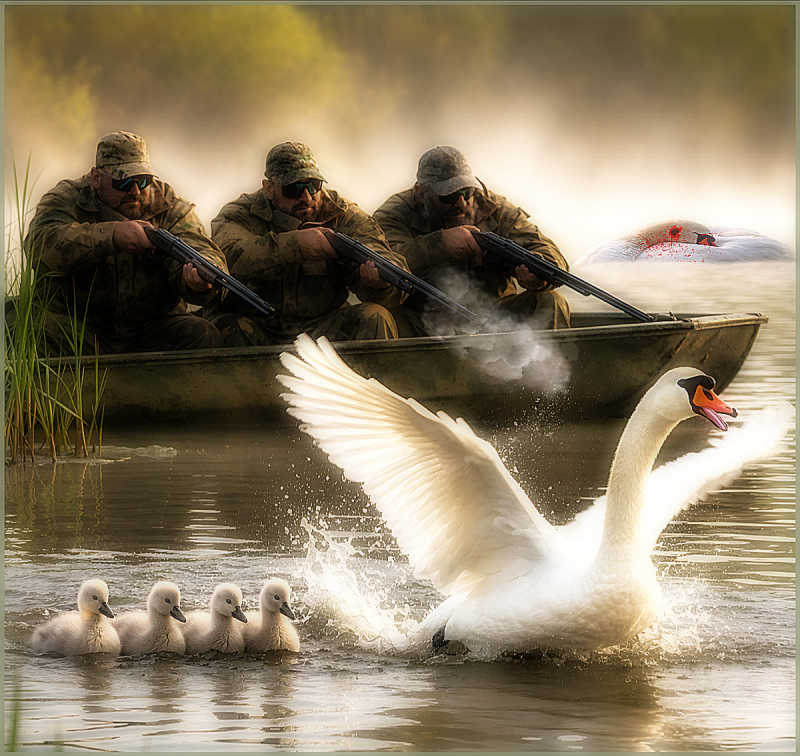 Hunters shooting mute swans.