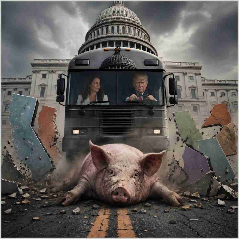 Trump and Rollins running over a pig with a bus.