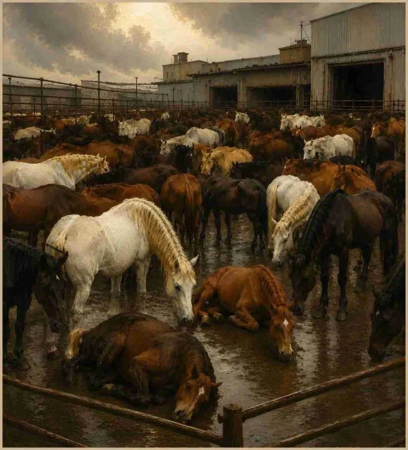 Horse corral at slaughter plant in Alberta.