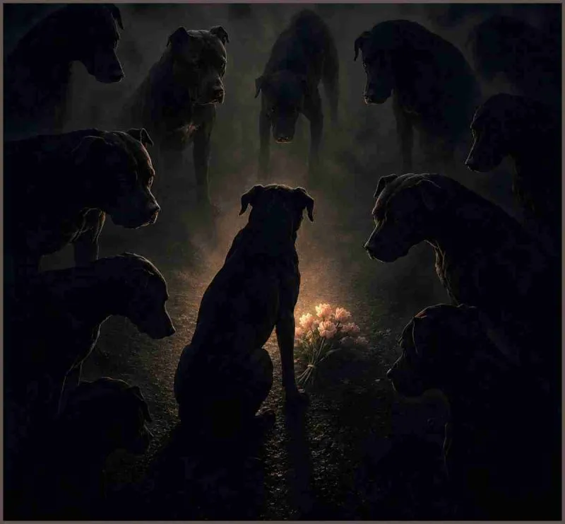 Dangerous dogs around bouquet of roses.