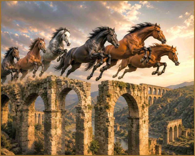 Horses jumping over Roman aquaducts.