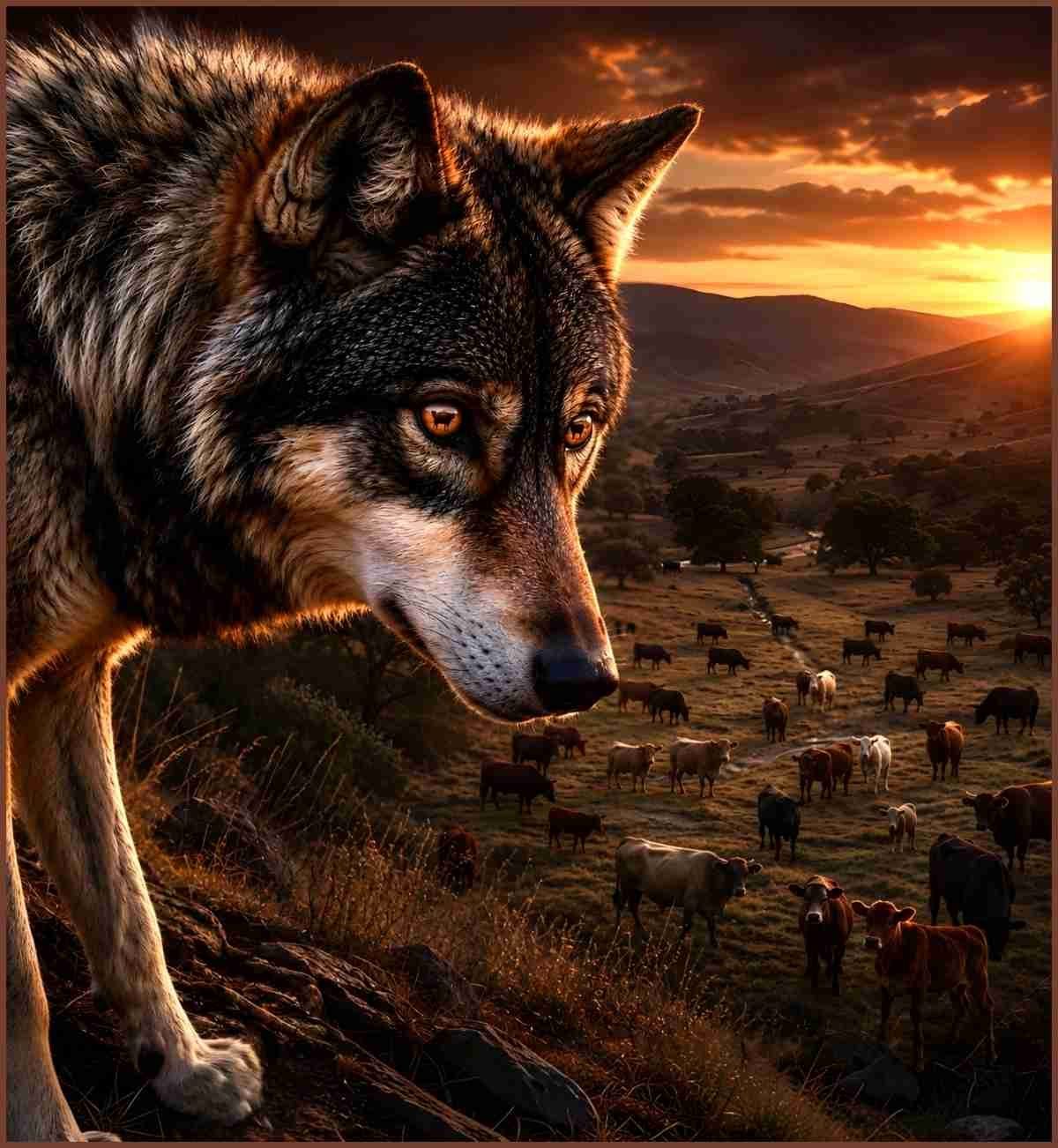 Gray wolf with cattle.