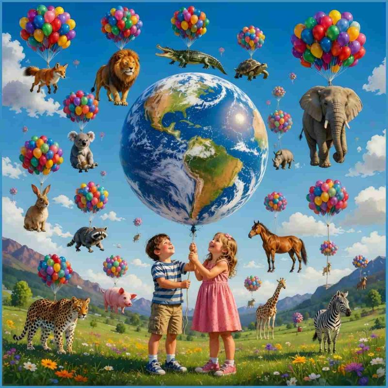 Kids and animals with balloons.