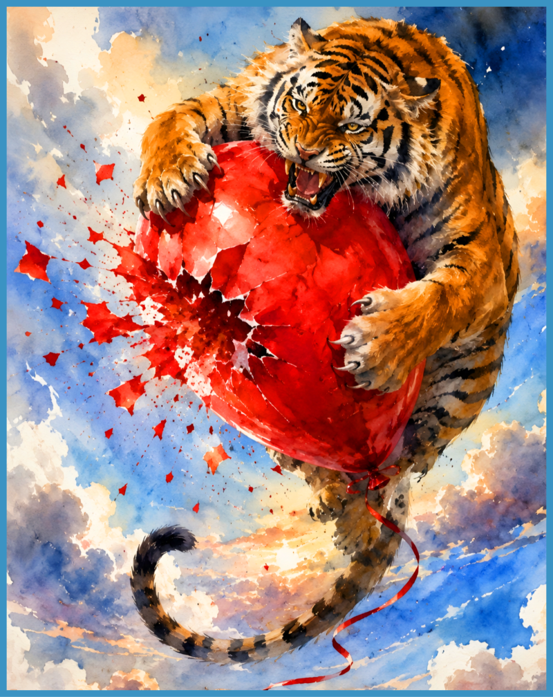 Tiger popping balloon.