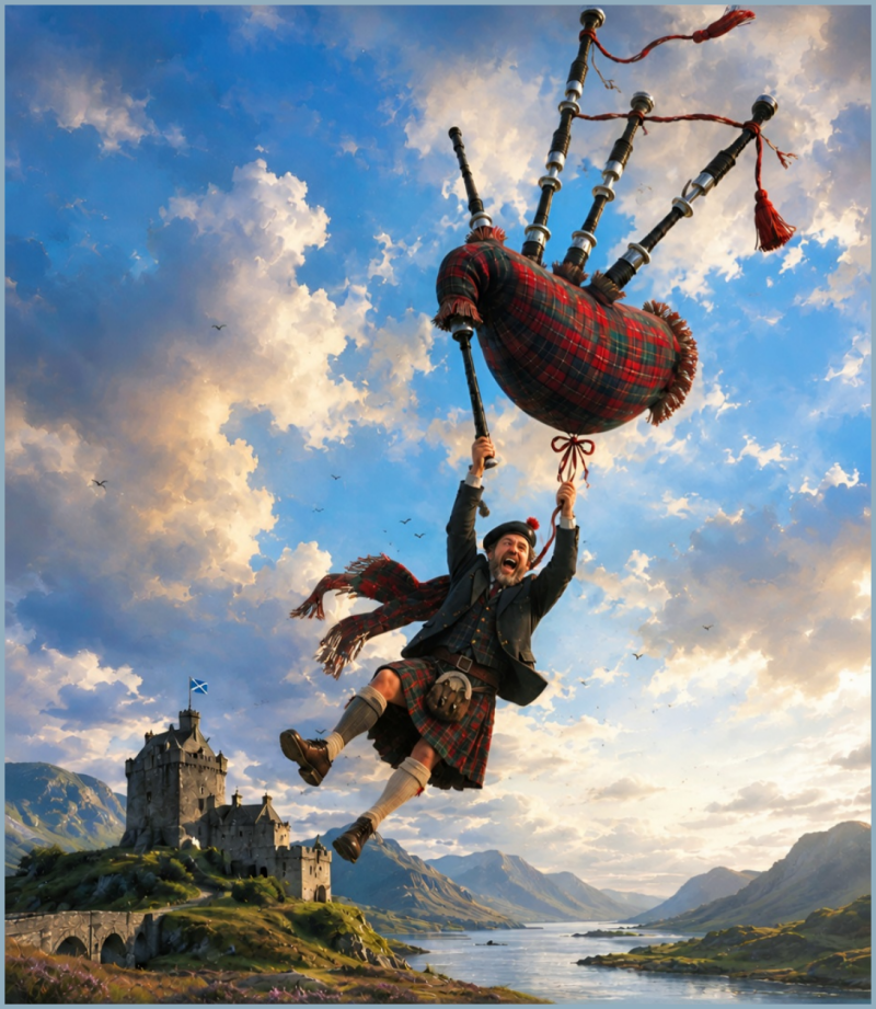 Flying scotsman with bagpipes.