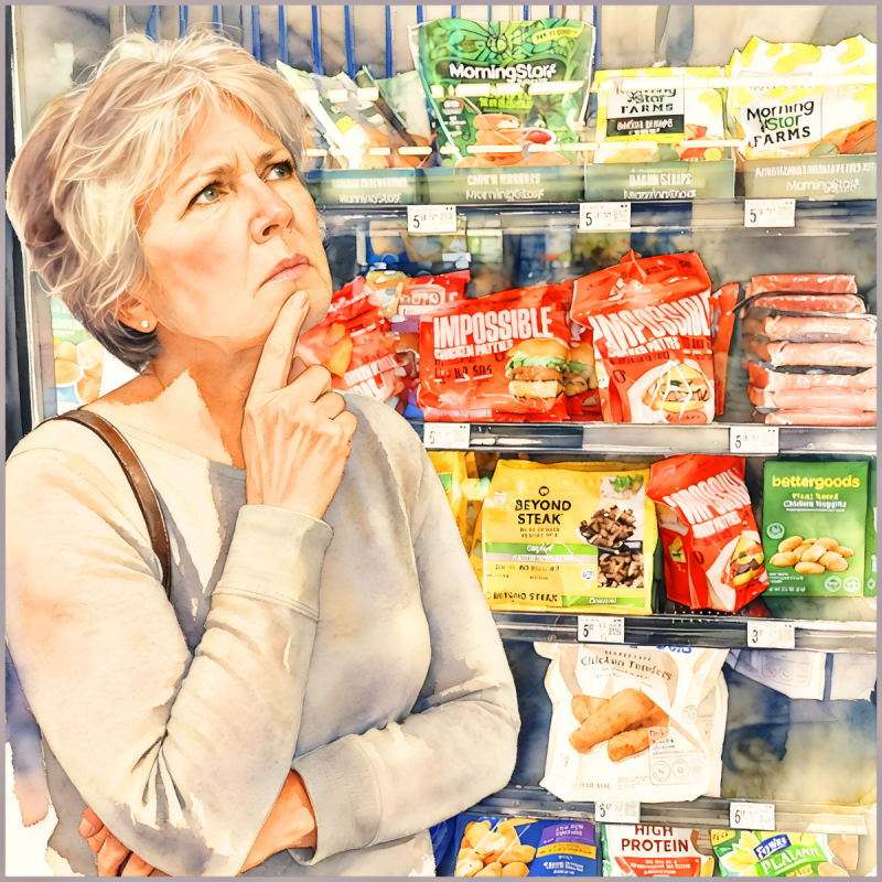 Vegan food products in grocery store.