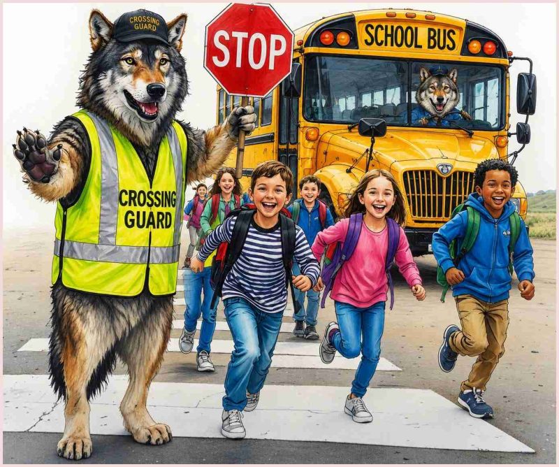 Wolf crossing guard and wolf bus driver with children running.