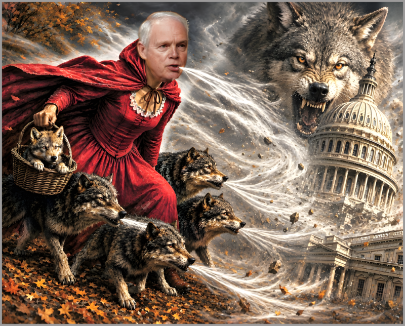 Ron Johnson as Little Red Riding Hood blowing Congress down with wolves.