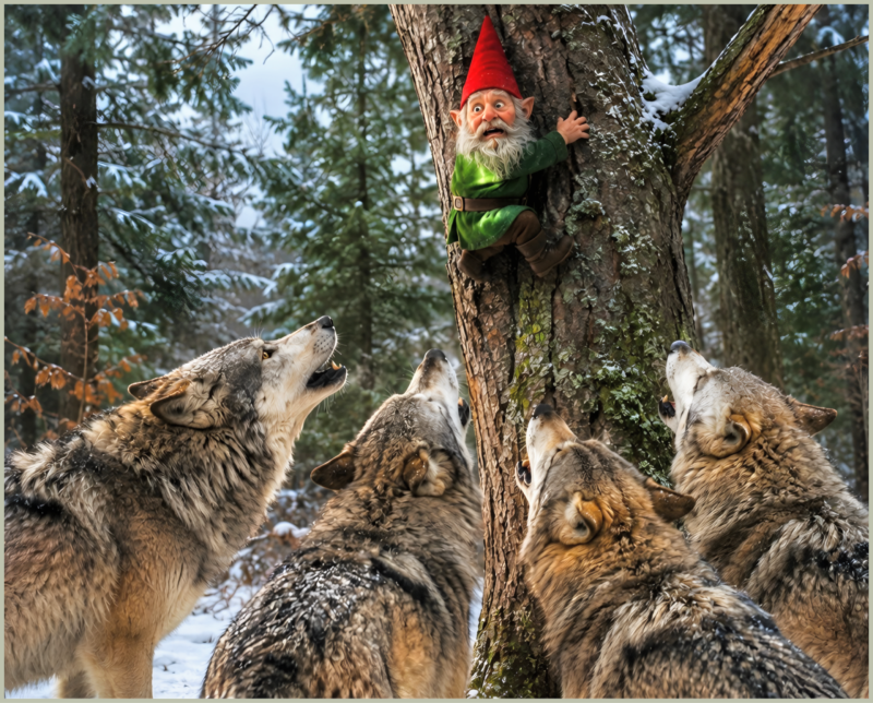 Wolves treeing a gnome.