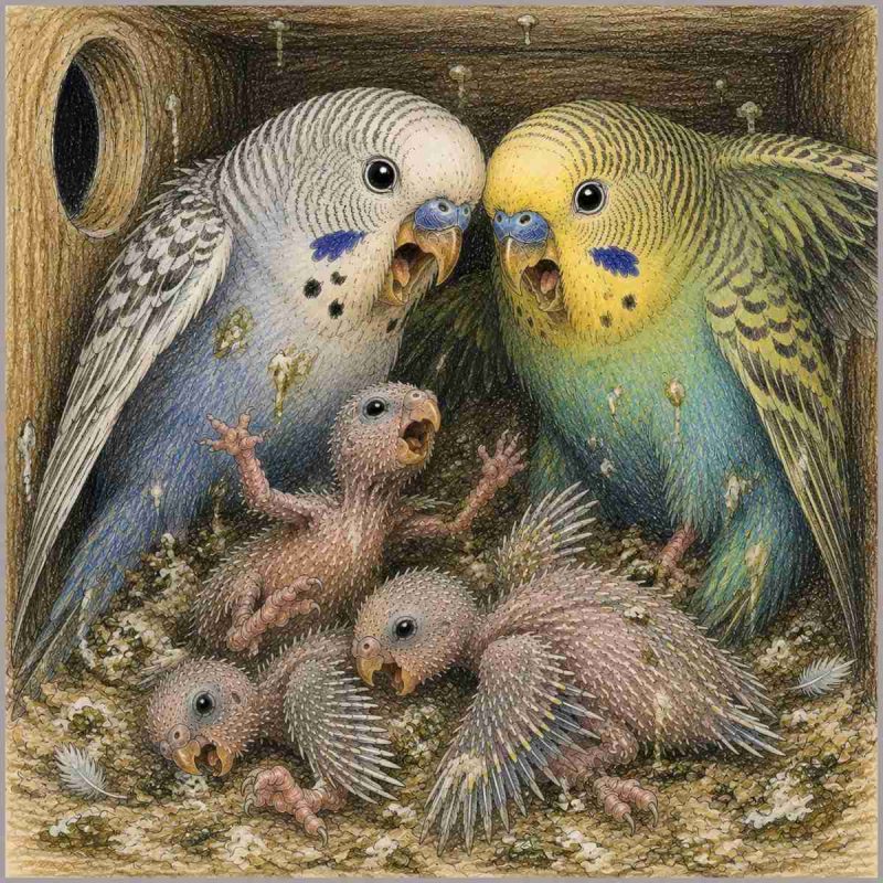 Parakeets with chicks.