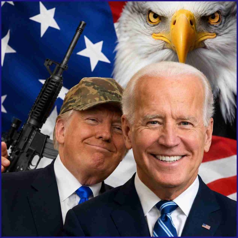 Biden and Trump with eagle and rifle.