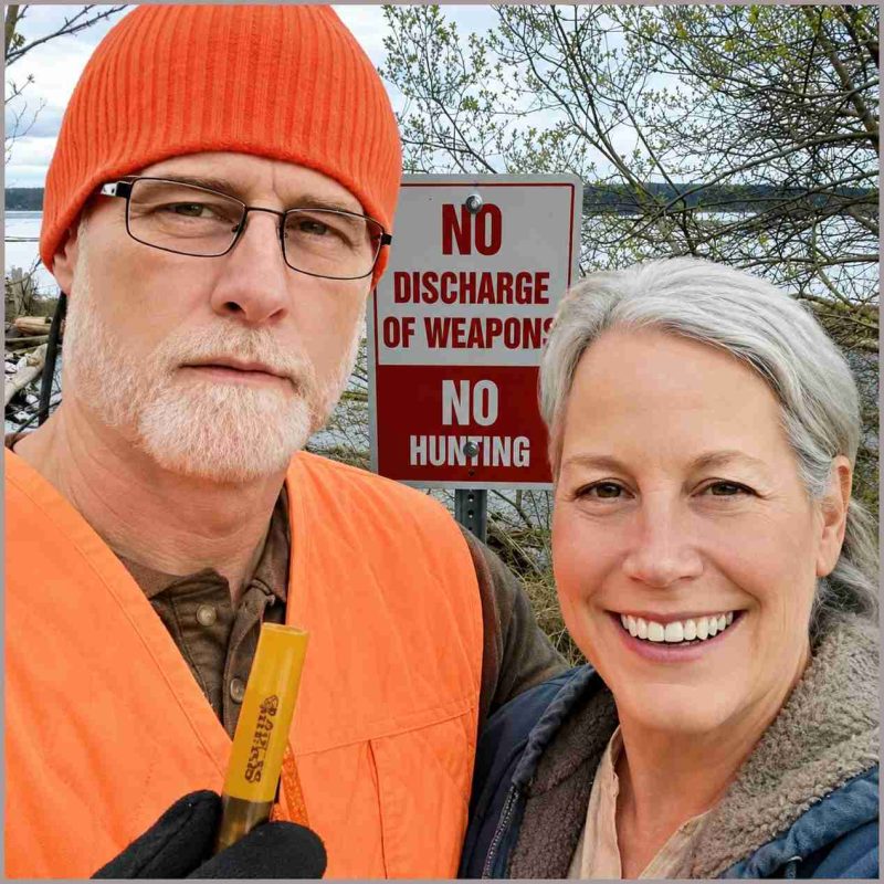Beth and Merritt no hunting sign.