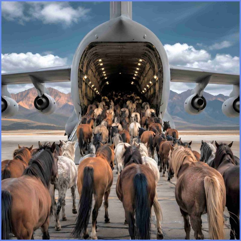 Wild horses walking into plane.