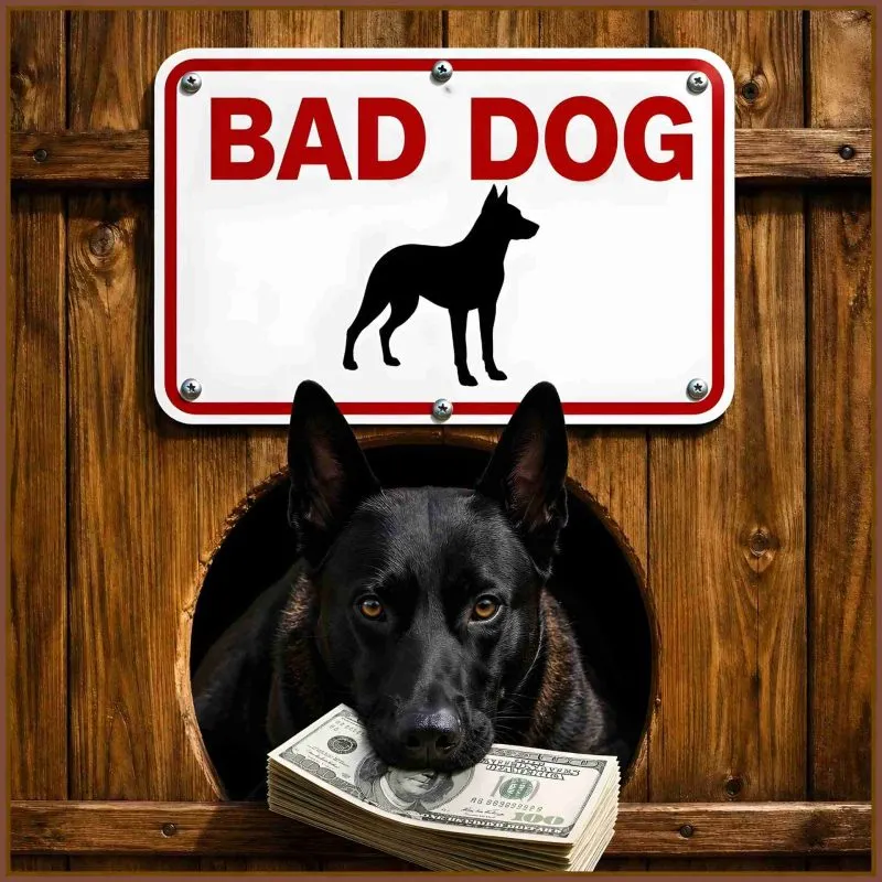 Bad dog money Malinois in dog house.