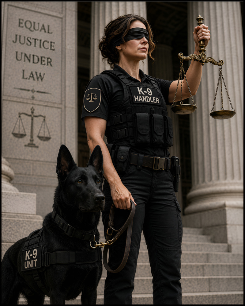 Lady Justice dressed as a K-9 handler with a Malinois.