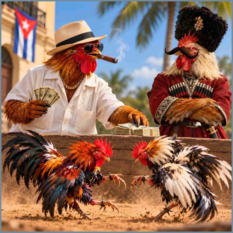 Cuban cockfighter and Russian Kozac rooster betting on cockfight.