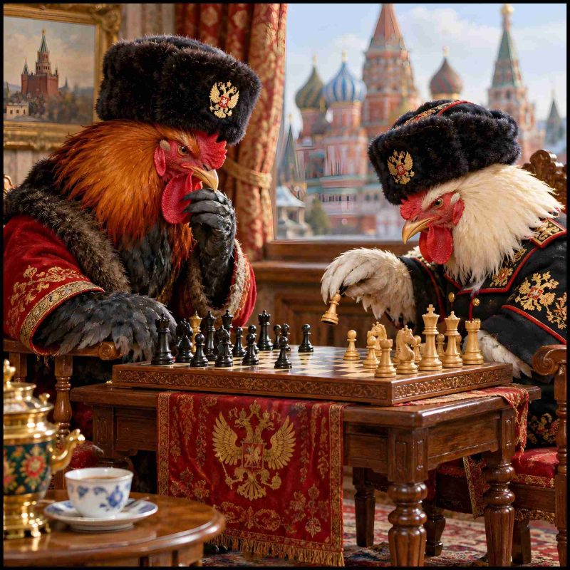 Russian roosters playing chess.