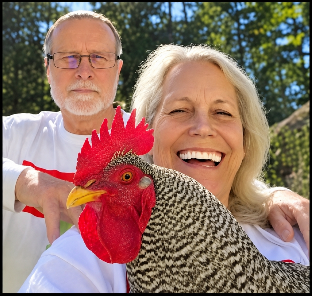 Beth and Merritt Clifton with Henry the rooster.